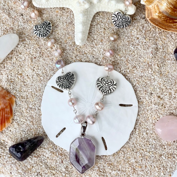 Genuine Pink Pearl & Heart Beaded Necklace with Amethyst Pendant - Picture 2 of 6